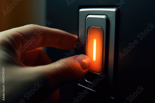 A close up image of a person pressing a button. This picture can be used to illustrate technology, modern devices, or human interaction with machines
