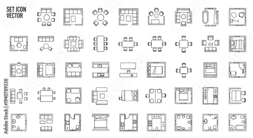 floor plan icons set for interior design layouts and architectural symbols illustrating various modern room arrangements