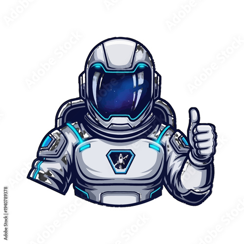 Astronaut in futuristic space suit giving thumbs up gesture.
