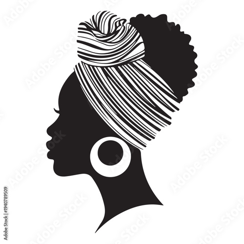 African woman profile with colorful headwrap and earring vector illustration flat design
