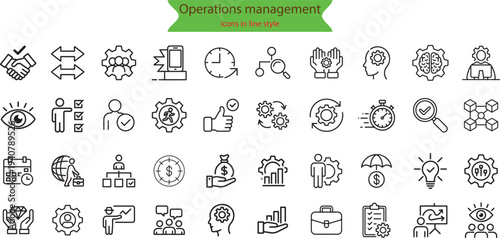 Operations management web icons in line style. Logistics, business process, maintenance, supply chain, improvement, planning, collection.