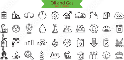 Oil and Gas web icons in line style.
