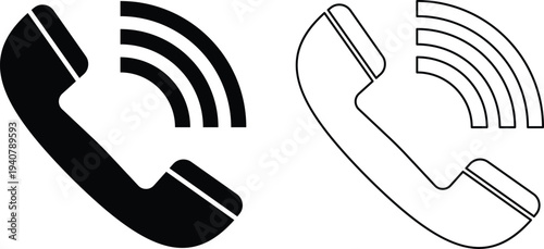 Set of 2 ringing phone receiver icons in black solid and outline vector styles, ideal for communication, contact, and support designs