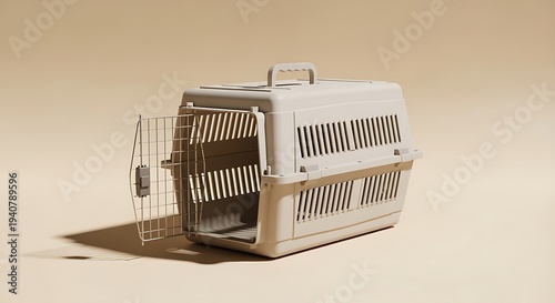 A white plastic pet carrier with a metal wire door open on a beige background for pets travel and transportation needs
