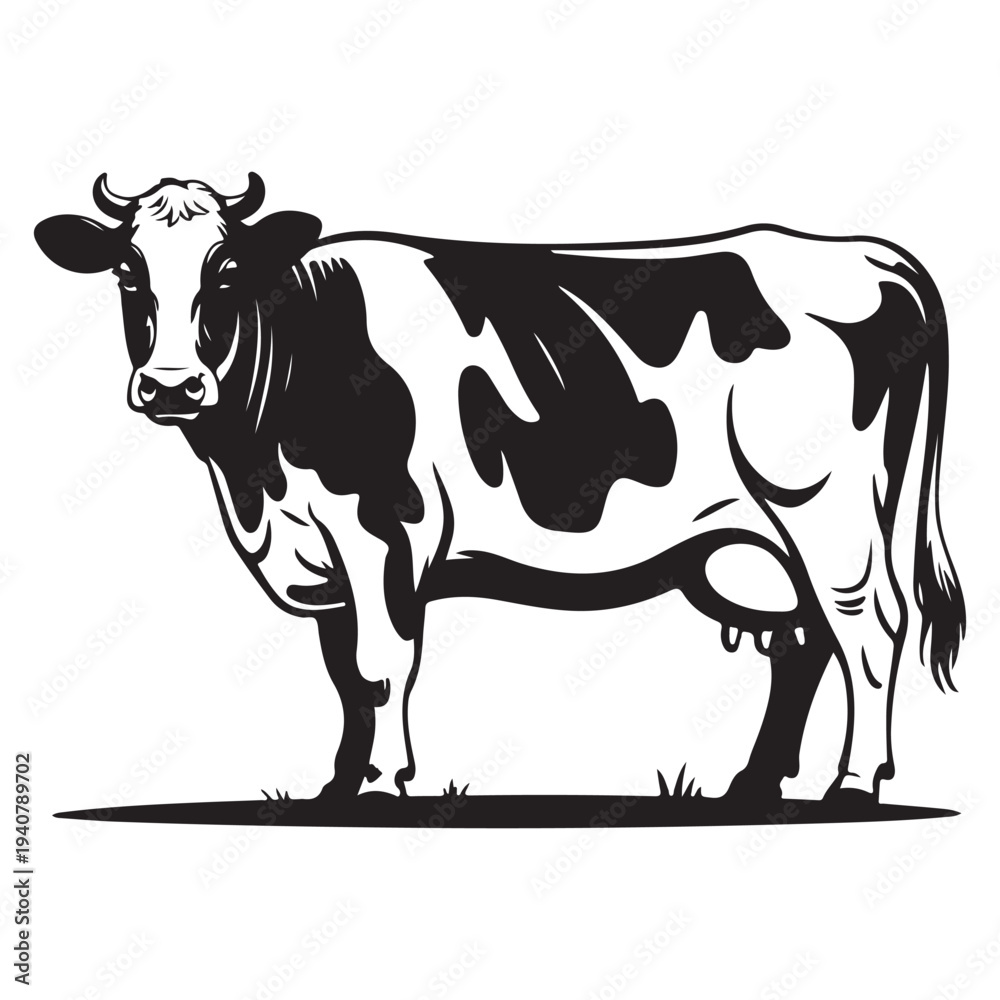 Fototapeta premium Black and white cow standing in field flat design vector illustration isolated