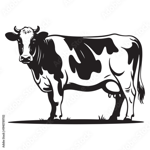 Black and white cow standing in field flat design vector illustration isolated