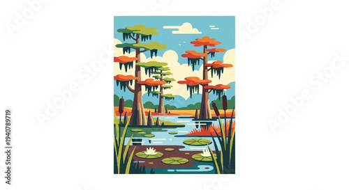 Stylized swamp scene with trees water lily pads and foliage illustration