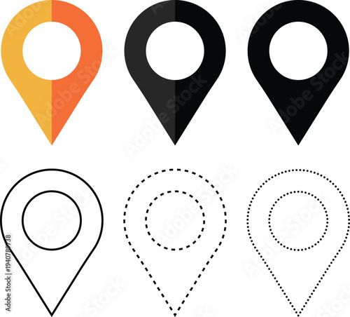 Set of 6 Location Pin Icons Vector in Flat, Solid, and Outline Styles for Maps, Navigation, and GPS Applications