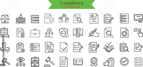 Compliance web icons in line style. Regulations, policy, legal document, quality control, responsibility, law.