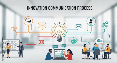 Innovation Communication Process Diagram with People and Icons.