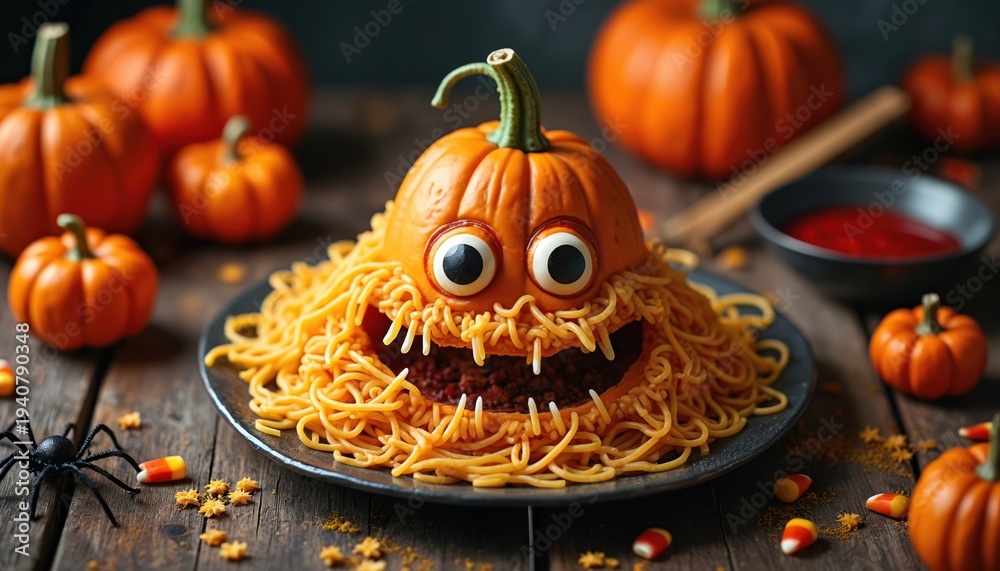 Obraz premium Spooky Halloween pasta monster made from pumpkin and spaghetti looks fun. Orange pumpkins and candy corn scattered on rustic wood table. A playful, creepy dish for holiday party celebration.