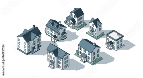 A collection of diverse residential houses arranged in a circular pattern on a white background, showcasing different architectural styles.