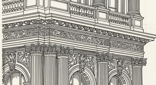 Intricate Architectural Drawing of Classical Building Facade.
