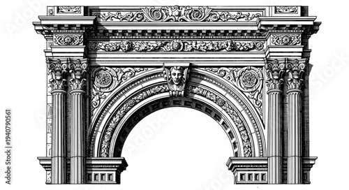 Intricate Archway Architectural Drawing with Detailed Carvings.