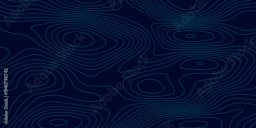 Abstract Dark Blue Topographic Contour Map with Dynamic Teal Elevation Lines and Flowing Terrain Curves, Modern Geographic Pattern for Technology and Data Visualization.