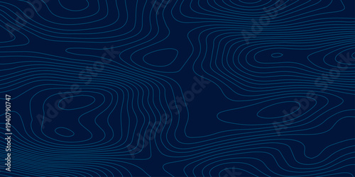 Dark Blue Minimal Topographic Map Background Featuring Teal Contour Lines and Flowing Elevation Curves, Abstract Geographic Pattern for Technology Design.