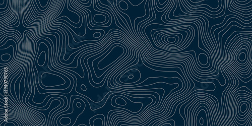 Dark Blue Minimal Topographic Map Background Featuring Teal Contour Lines and Flowing Elevation Curves, Abstract Geographic Pattern for Technology Design.