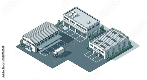 Isometric view of a modern industrial park featuring three distinct warehouse buildings with a delivery van parked outside.