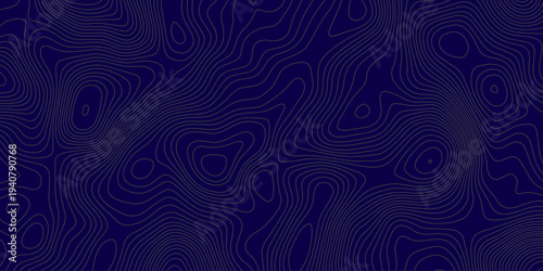 Abstract Dark Blue Topographic Map Background with Dynamic Teal Contour Lines and Flowing Elevation Curves, Modern Geographic Pattern for Technology, Data Mapping.
