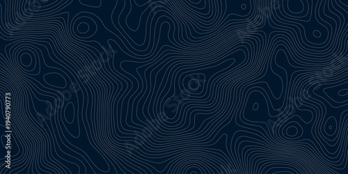 Abstract Dark Blue Topographic Map Background with Dynamic Teal Contour Lines and Flowing Elevation Curves, Modern Geographic Pattern for Technology, Data Mapping.