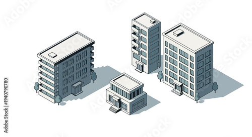 Isometric illustration of four modern office buildings with varying heights and architectural styles, set against a white background.