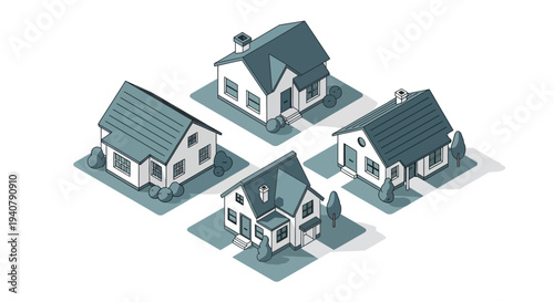 An isometric illustration of four distinct residential houses arranged in a diamond pattern on a white background.