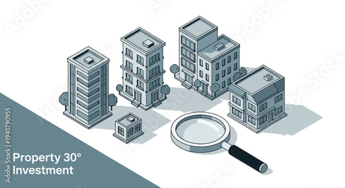 Isometric illustration of various buildings and a magnifying glass, symbolizing property investment and analysis.
