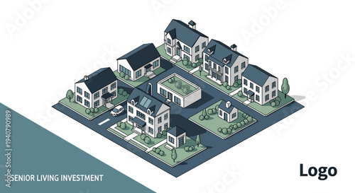 Isometric illustration of a senior living community with various housing types and green spaces, representing investment opportunities in the sector.