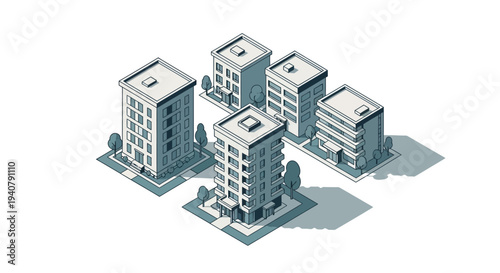 Isometric illustration of a cluster of modern apartment buildings with trees and shadows on a white background.