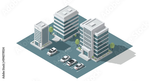 Isometric view of modern office buildings with a parking lot and cars, showcasing urban development and commercial real estate.