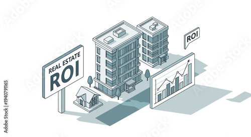 Isometric illustration depicting real estate investment return on investment (ROI) with buildings, a house, a graph, and a billboard.