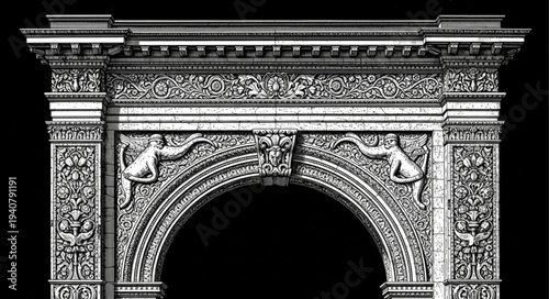 Intricate Renaissance Archway with Cherubs and Floral Motifs.