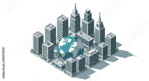 Isometric view of a globe surrounded by a cluster of modern skyscrapers, symbolizing global business and urban development.