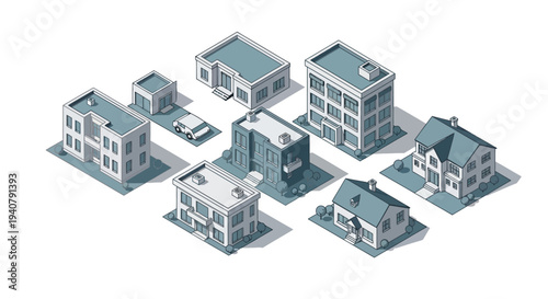 A collection of diverse isometric buildings, including houses, offices, and a small garage with a car, presented in a clean, minimalist style.