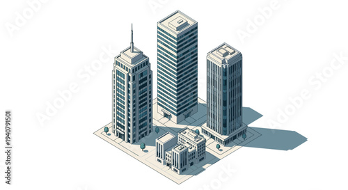 Isometric illustration of a cluster of modern skyscrapers and low-rise buildings on a white background, representing urban development and city planning.