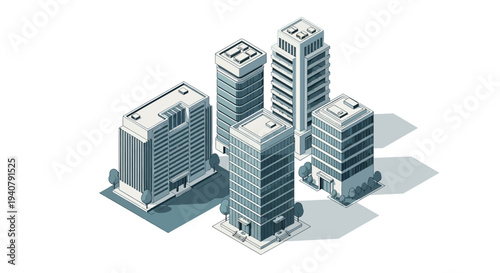 A collection of modern, isometric skyscrapers and office buildings arranged in a cluster on a white background, showcasing urban architecture.