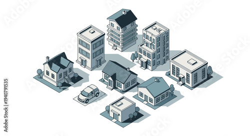 Isometric illustration of various residential and commercial buildings, including houses, apartments, and a car, set against a white background.