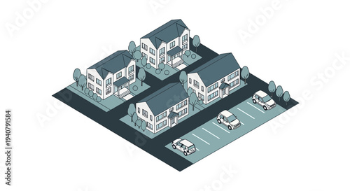 Isometric illustration of a residential neighborhood with houses, trees, and parked cars.
