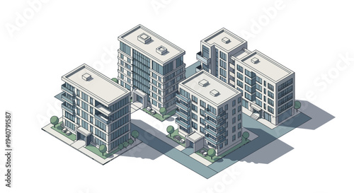 Isometric illustration of a cluster of modern apartment buildings with balconies and glass facades, set against a white background.