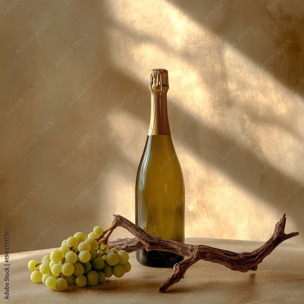 Obraz premium Luxury Champagne Bottle with Green Grapes and Rustic Wooden Vine Branch in Warm Golden Light , Elegant Sparkling Wine Still Life for Celebration, Fine Dining, Vineyard Harvest Concept