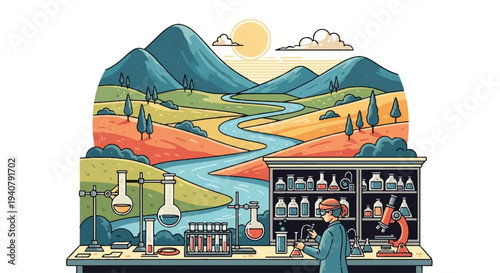 Science and nature illustration scientist in laboratory with landscape background