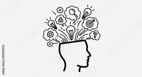 Illustration of a human head with ideas and thoughts emerging.