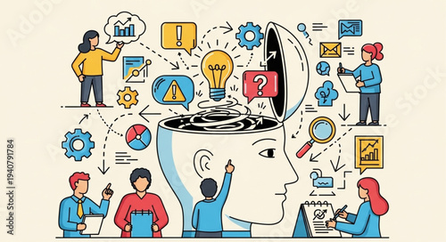 Illustration of human mind with ideas and teamwork.