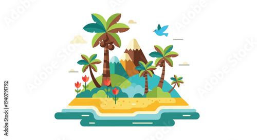 Tropical island paradise scene with palm trees and mountain vector illustration