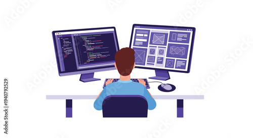A person is seen from the back, intently working on two large computer monitors displaying coding and UI/UX designs at a white desk.