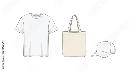A flat lay features a plain white t-shirt, a canvas tote bag, and a baseball cap arranged neatly on a pristine white background.