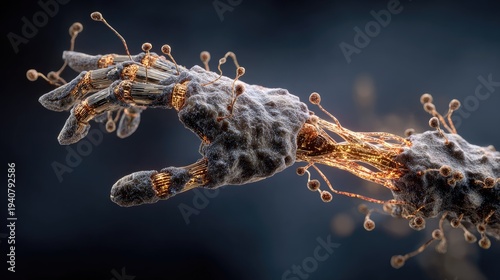 Cybernetic appendage shows advanced integration with organic growth structures