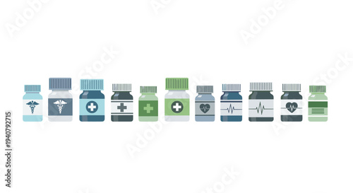 A horizontal line of eleven distinct medicine bottles, varying in size and color, is arranged on a pristine white background with unique medical labels.