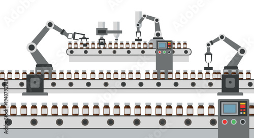 Two parallel conveyor belts transport numerous brown glass bottles through an automated factory setting, with robotic arms filling and capping them.