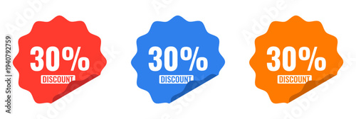 Set of colorful scalloped stickers for 30 percent discount promotions in red, blue and orange